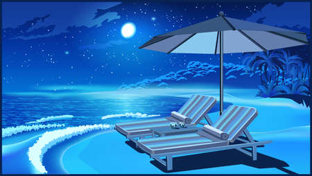 Two deck chairs and an umbrella on the sandy beach of an exotic country at nightのイラスト素材