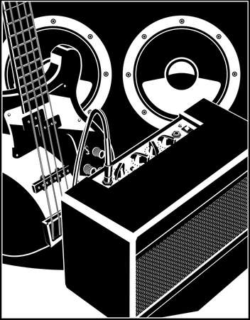Stylized vector illustration of an electric guitar, guitar amplifier and powerful speaker.のイラスト素材