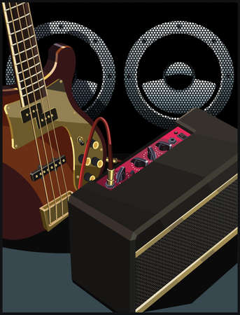 Stylized vector illustration of an electric guitar, guitar amplifier and powerful speaker.のイラスト素材