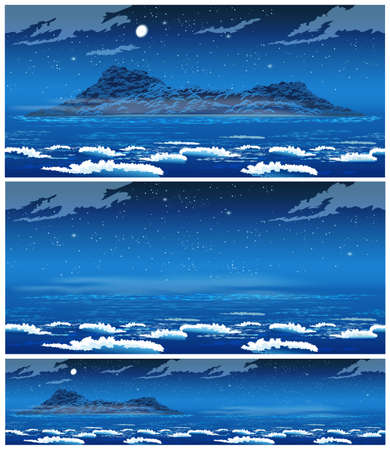 Two seamless horizontal vector illustration of an open sea landscape with an island at nightのイラスト素材