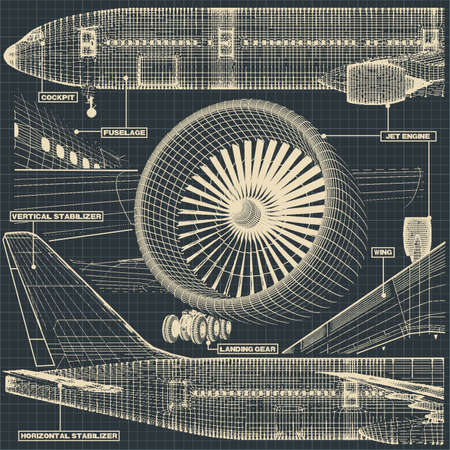 Vector illustration of a fragment of drawings of a civilian jet in the retro style