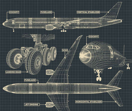 Vector illustration of a fragment of drawings of a civilian jet in the retro style