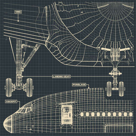 Vector illustration of a fragment of drawings of a civilian aircraft in the retro styleのイラスト素材