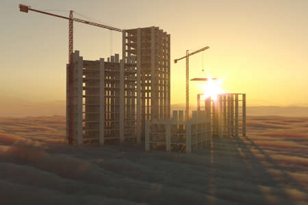 Stylized 3D illustration on the theme of the construction industry. Skyscrapers above the clouds