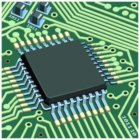Stylized vector illustration of electronic circuit chip on the board close-upのイラスト素材
