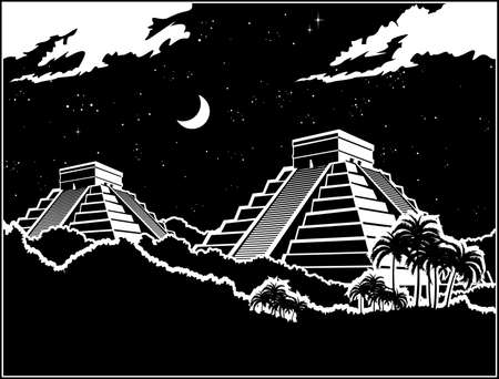 Stylized vector illustration of ancient Mayan pyramids in the jungle at nightのイラスト素材