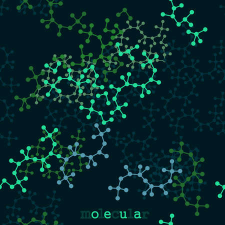 Stylized vector illustration on the theme of molecular chemistry. Molecular structures. Seamless illustration in all directions if needed.のイラスト素材