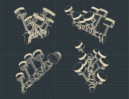 Stylized vector illustration of the drawings of a piston crank mechanism of an internal combustion...