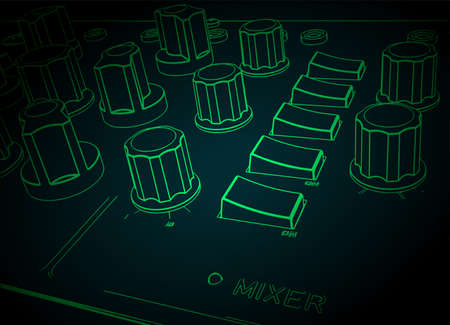 Stylized vector illustration of a Studio equipment mixer close-up with a large number of buttons, switches, light bulbs and other controls in retro poster styleのイラスト素材