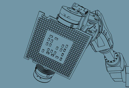 Vector illustration on the theme of robotics and integrated microelectronics. Industrial robot holds...