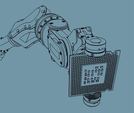 Vector illustration on the theme of robotics and integrated microelectronics. Industrial robot holds...