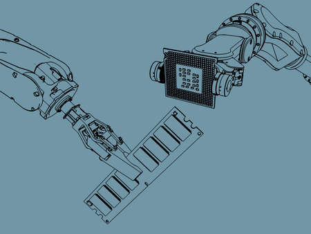 Vector illustration on the theme of robotics and integrated microelectronics. Industrial robots...