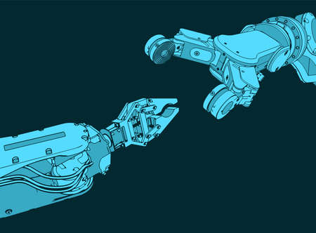 Stylized vector illustration on the theme of industrial robotic systems for automatic assemblyのイラスト素材