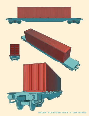 Stylized Vector illustration of a wagon platform with a container on itのイラスト素材