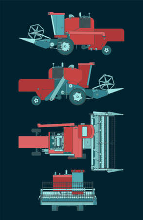 Stylized vector illustrations of a Combine Harvester colorful blueprints