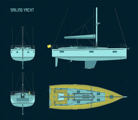 Stylized vector illustration of color blueprints of a sailing yachtのイラスト素材