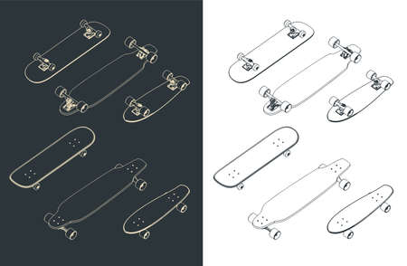 Stylized vector illustration on the theme of skateboarding. Skateboards Isometric Drawings mini Setのイラスト素材