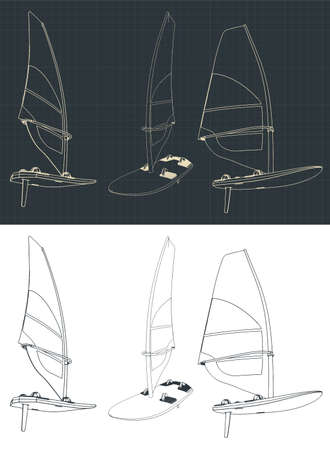 Stylized vector illustration on the theme of windsurfing. Windsurf drawingsのイラスト素材
