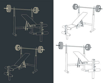 Stylized vector illustration drawings of benches for bench press with barbellのイラスト素材