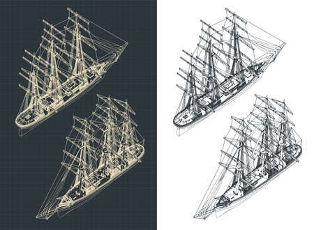 Stylized vector illustration of a large three-masted sailing ship isometric drawings with the sails downのイラスト素材