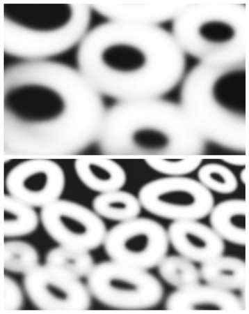 Two stylized vector illustrations of abstract shapes of light and shadow in the form of rings and...