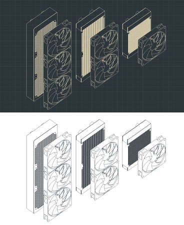 Stylized vector illustrations of drawings of water cooling radiators for processors and video cards of different sizes and typesのイラスト素材