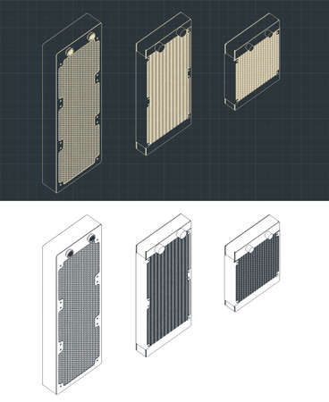 Stylized vector illustrations of drawings of water cooling radiators for processors and video cards of different sizes and typesのイラスト素材