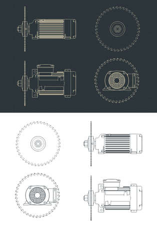 Stylized vector illustration of saw blade and motor drawingsのイラスト素材