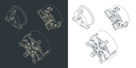 Stylized vector illustration of lathe chuck mini set drawingsのイラスト素材