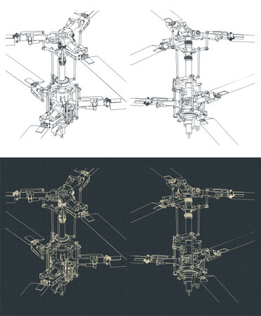 Stylized vector illustrations of mechanism of helicopter coaxial main rotor drawingsのイラスト素材