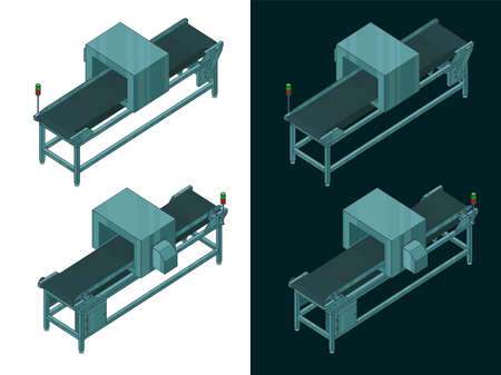 Stylized vector isometric color illustrations of drawings of a conveyor belt with a metal detector