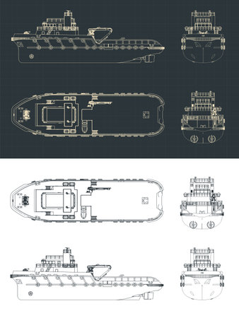 Stylized vector illustration of blueprints of anchor handling tugのイラスト素材