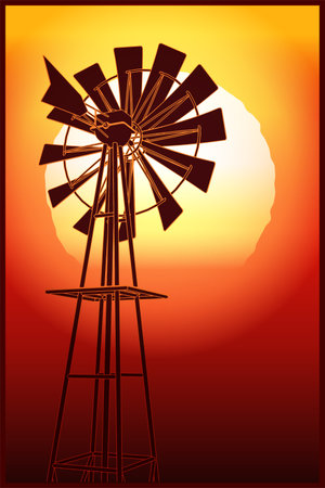 Stylized vector illustration of farm windmill at sunsetのイラスト素材