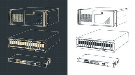 Stylized vector illustration of blueprints of units for server racks and supercomputersのイラスト素材