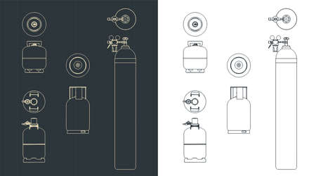 Stylized vector illustration of blueprints set of gas cylindersのイラスト素材