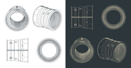 Stylized vector illustration of blueprints of compressor stator case from turbo jetのイラスト素材