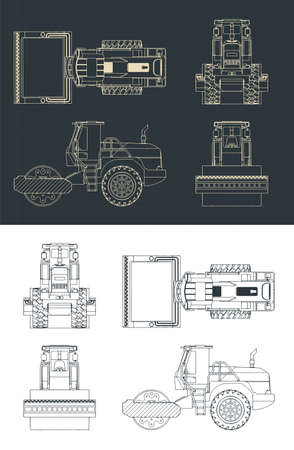 Stylized vector illustration of blueprints of road rollerのイラスト素材