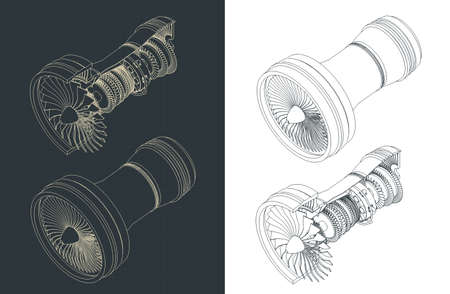 Stylized vector illustration of isometric drawings of turbofan engine