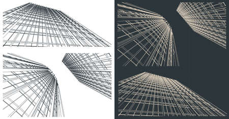 Stylized vector illustration of sketches of skyscrapers and business streetsのイラスト素材