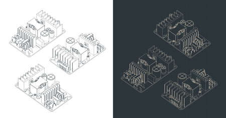 Stylized vector illustration of isometric blueprints of PSU boardのイラスト素材