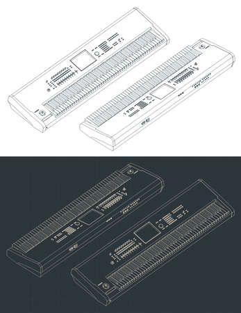 Stylized vector illustration of isometric blueprints of synthesizer keyboardのイラスト素材