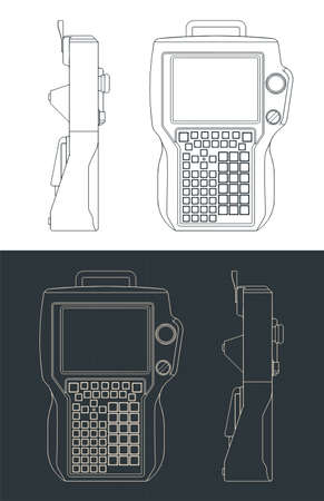 Stylized vector illustration of blueprints of remote control for controlling automated plant lines and industrial robotsのイラスト素材