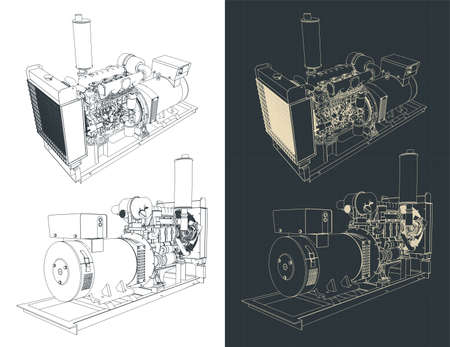 Stylized vector illustration of blueprints of a diesel generator
