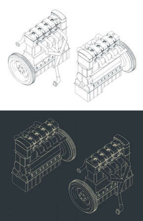 Stylized vector illustration of isometric blueprints of four-stroke car engineのイラスト素材