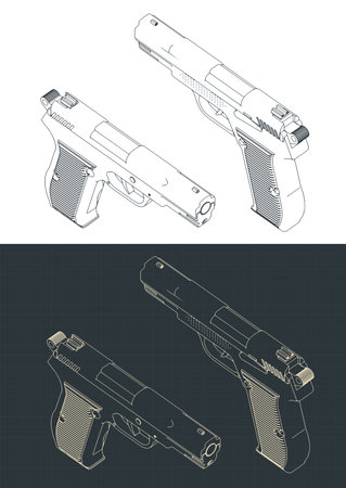 Stylized vector illustration of isometric drawings of a pistolのイラスト素材