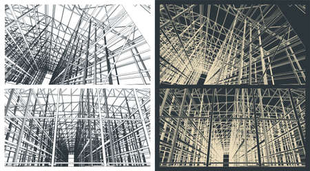 Stylized vector illustration of structures of a large industrial hangarのイラスト素材