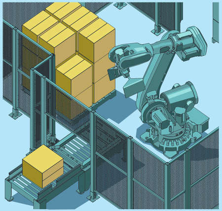 Stylized vector isometric illustration of robotic palletizing lineのイラスト素材