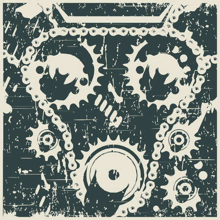 Stylized vector illustration of mechanisms, gears and chain transmission close up retro poster styleのイラスト素材