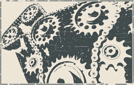 Stylized vector illustration of chain drives mechanisms, gears and chain transmission close up retro poster styleのイラスト素材