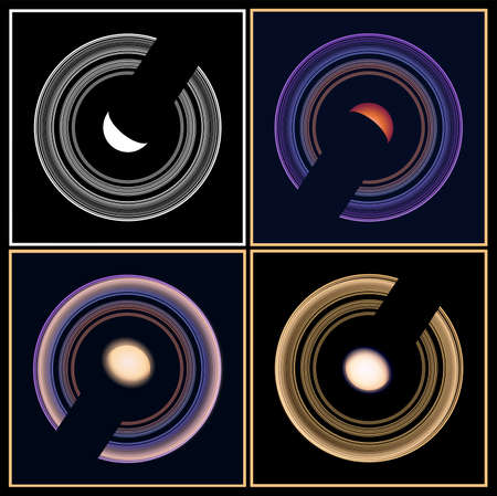 Two stylized vector illustrations of Saturn from an unusual perspectiveのイラスト素材